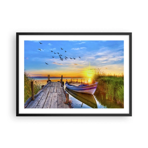 Affiche dans un cadre noir - Poster - Un bateau sur une jetée en bois au coucher du soleil - 70x50cm - Au revoir, à demain - Décoration murale moderne pour le salon et la chambre ARTTOR