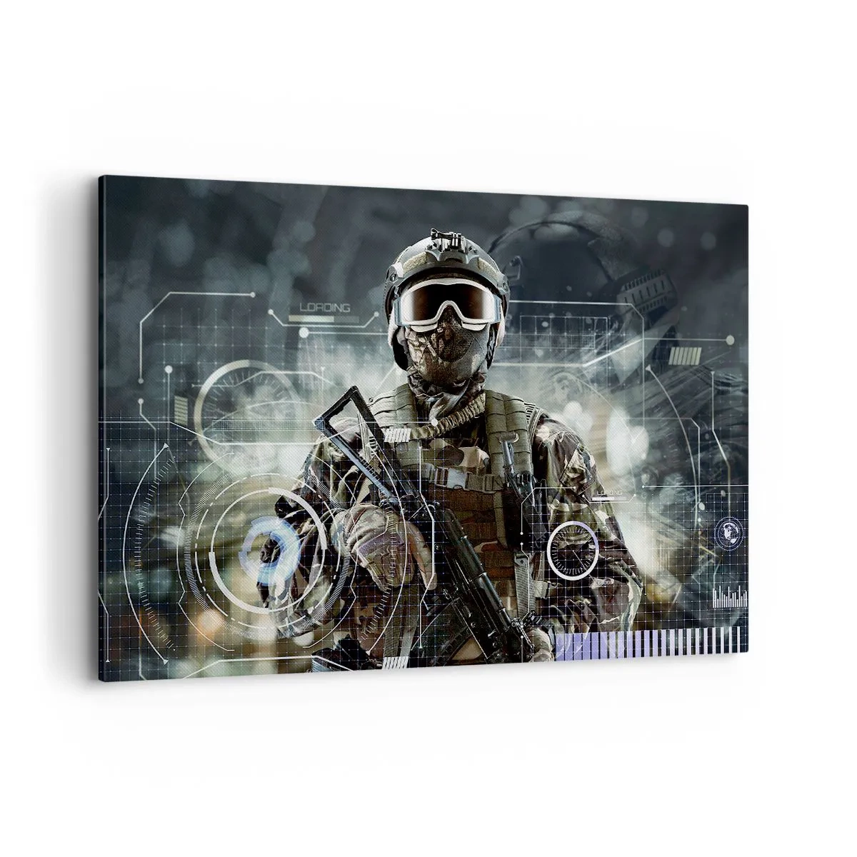 Impression sur toile - Image sur toile - Un soldat portant un casque futuriste avec une arme à feu en arrière-plan de la technologie. - 120x80cm - Puissance sans limite - Décoration murale moderne pour le salon et la chambre ARTTOR