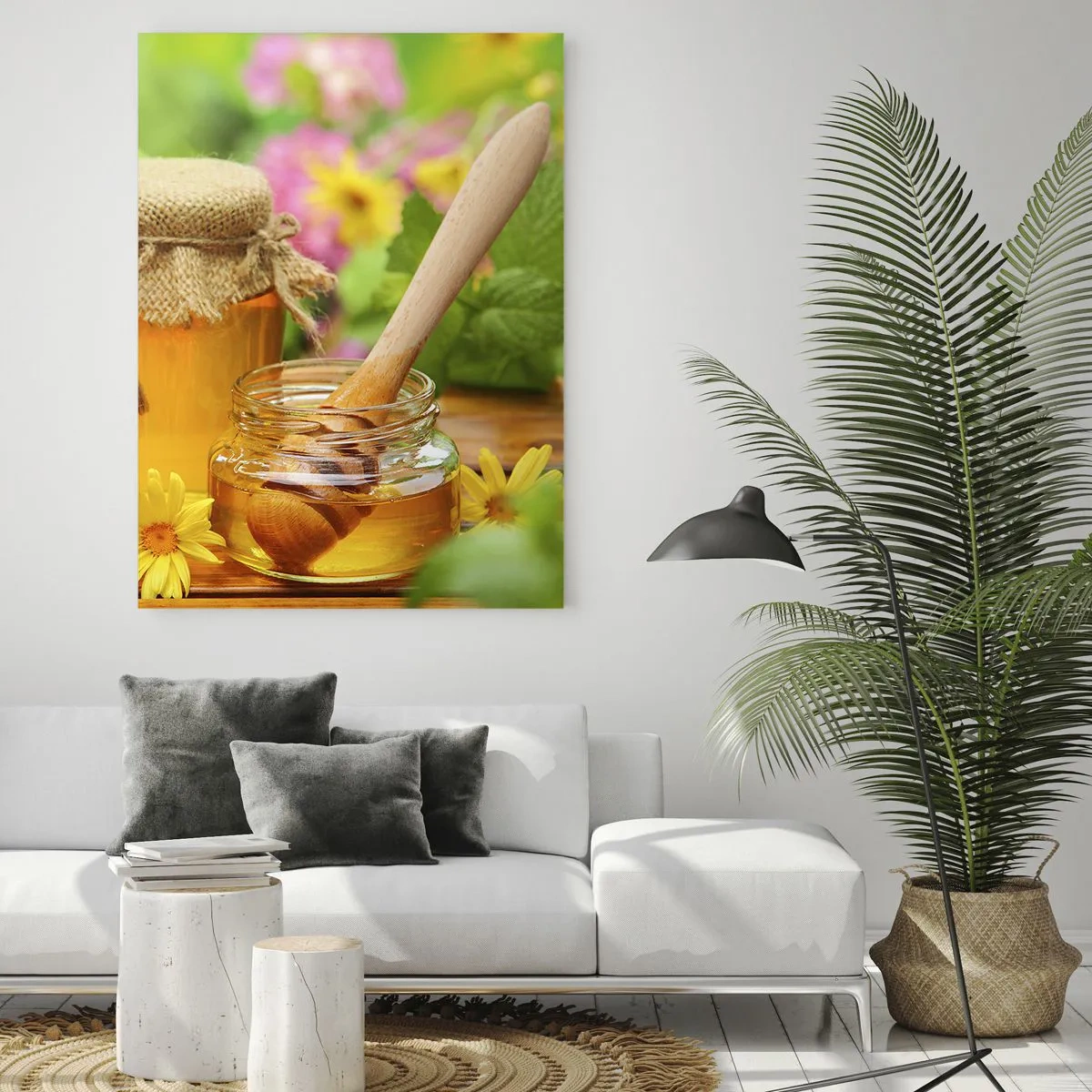 Impression sur verre - Image sur verre - Pots de miel avec des fleurs sur fond de jardin d'été - 80x120cm - Doux et fleuri - Décoration murale moderne pour le salon et la chambre ARTTOR