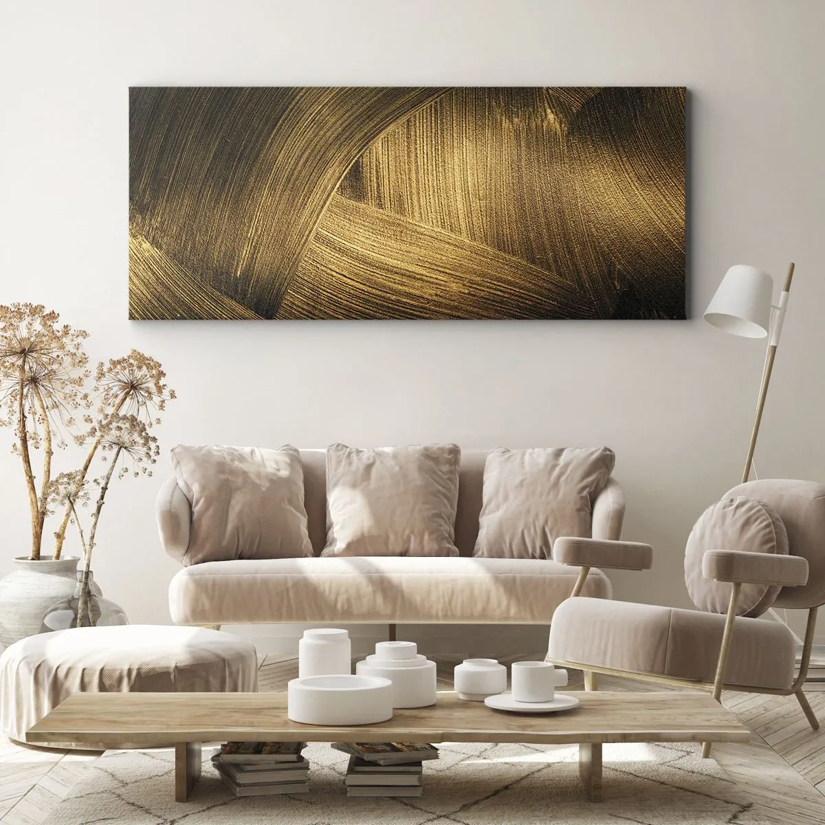 Impression sur toile - Image sur toile - Coups de pinceau abstraits dorés - 120x50cm - Dans un labyrinthe en or - Décoration murale moderne pour le salon et la chambre ARTTOR