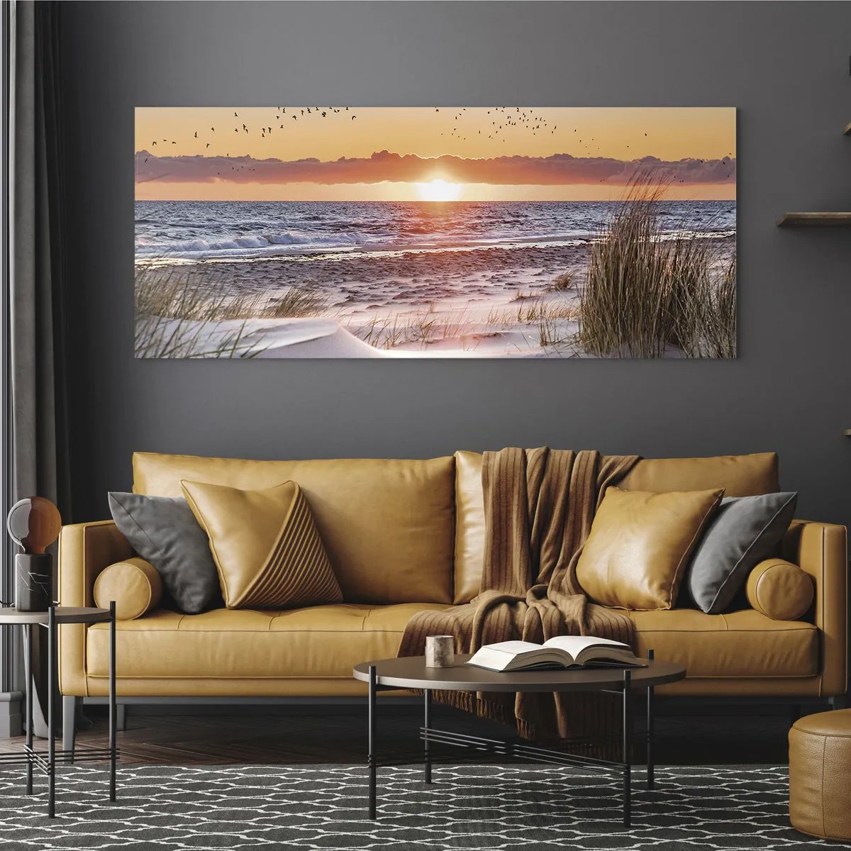 Impression sur verre - Image sur verre - Coucher de soleil sur la mer avec vue sur les dunes - 160x50cm - Paysage horizontal - Décoration murale moderne pour le salon et la chambre ARTTOR