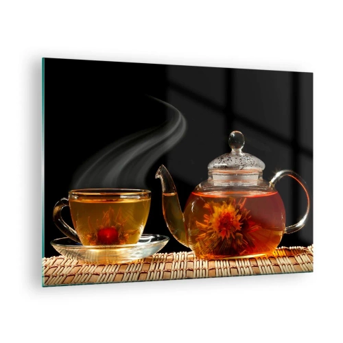 Impression sur verre - Image sur verre - Une carafe en verre et une tasse de thé avec une fleur sur fond noir - 70x50cm - La magie et l'art de l'infusion du thé - Décoration murale moderne pour le salon et la chambre ARTTOR