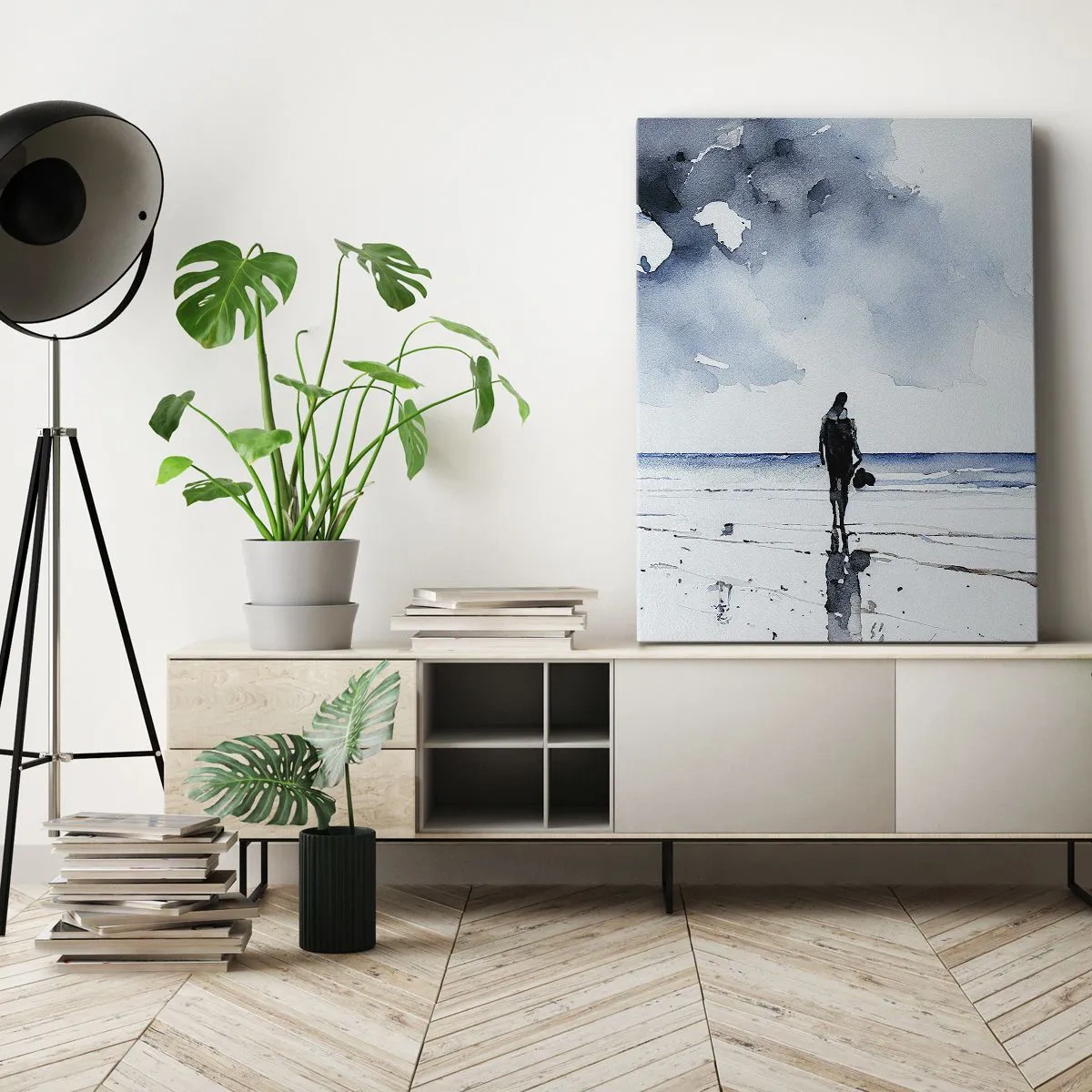Impression sur toile - Image sur toile - Une silhouette sur une plage dans un environnement marin calme - 50x70cm - Conversation avec la mer - Décoration murale moderne pour le salon et la chambre ARTTOR