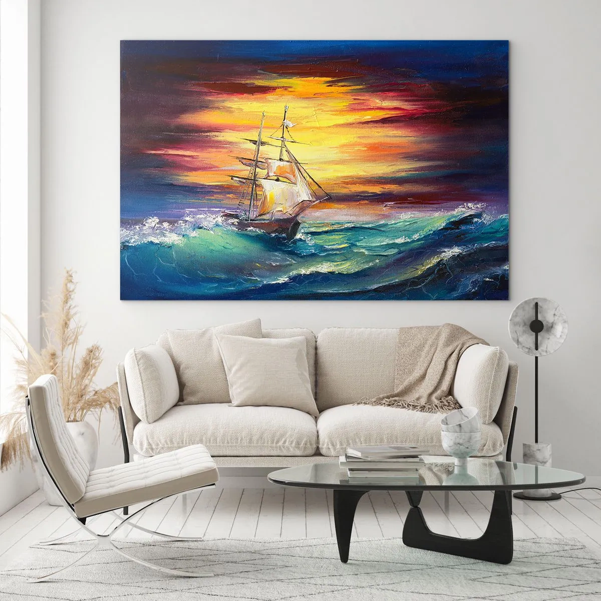 Impression sur verre - Image sur verre - Un navire sur une mer agitée au coucher du soleil - 120x80cm - Courageusement sous les vagues - Décoration murale moderne pour le salon et la chambre ARTTOR