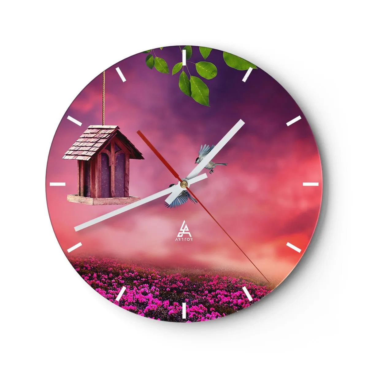 Horloge murale - Pendule murale - Paysage avec un nichoir, un ciel rose et des feuilles vertes - 30x30cm - Invitation à dîner - Décoration murale moderne pour le salon, la cuisine et la chambre ARTTOR