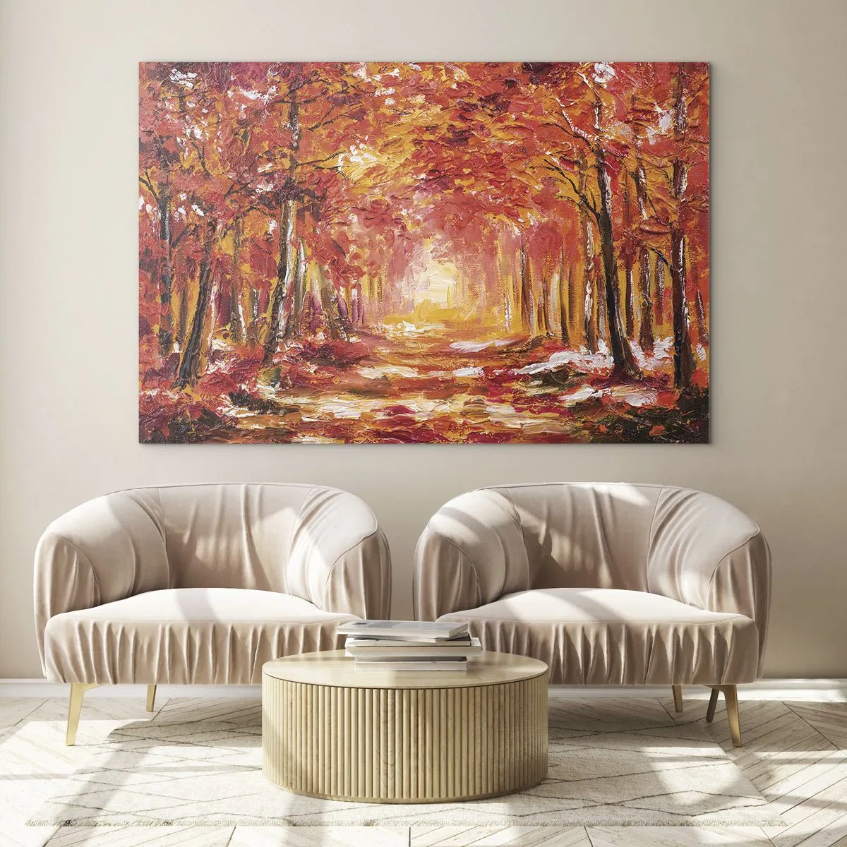 Impression sur verre - Image sur verre - Paysage d'automne avec des arbres aux couleurs chaudes - 120x80cm - Forêt de cuivre - Décoration murale moderne pour le salon et la chambre ARTTOR
