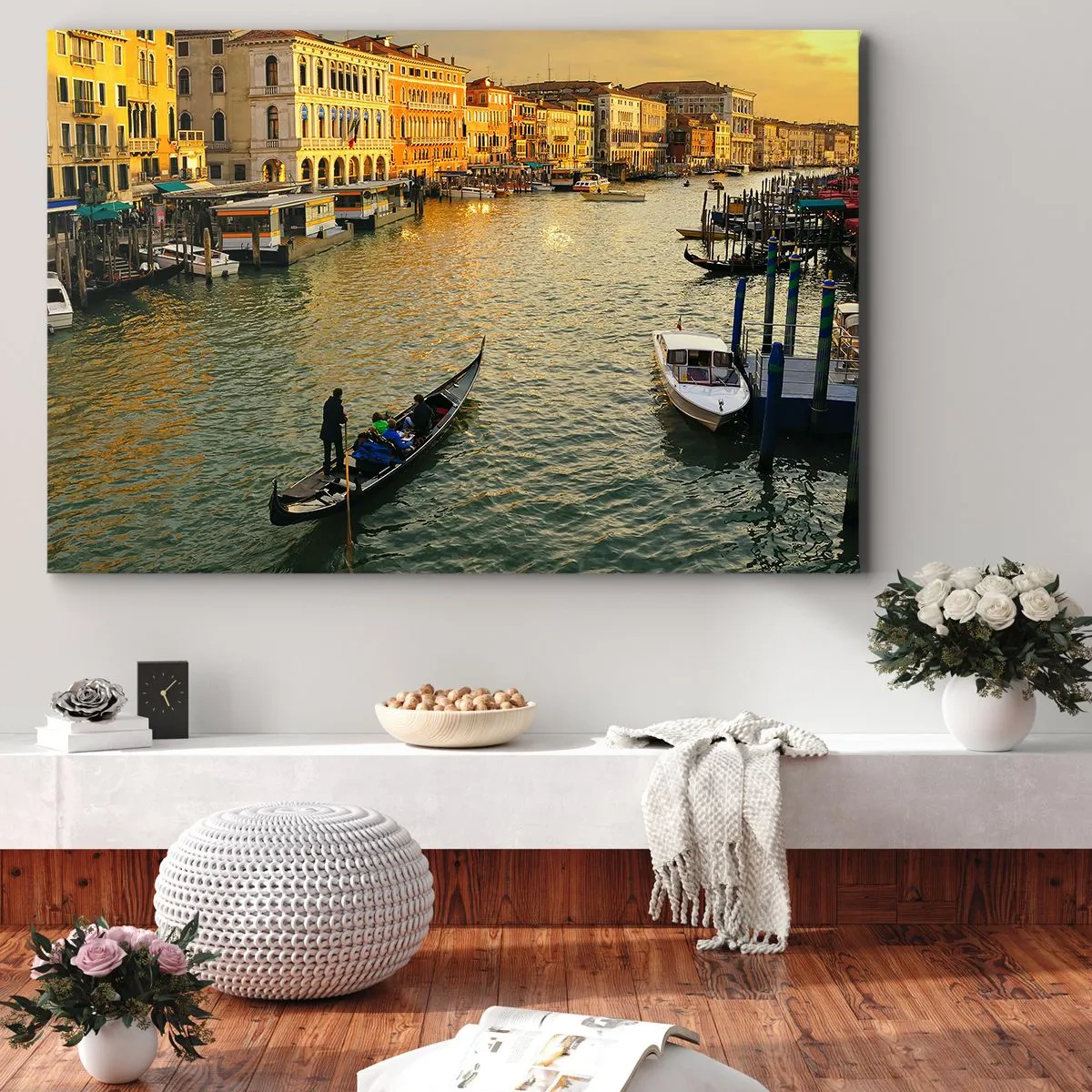 Impression sur toile - Image sur toile - Gondole sur un canal de Venise au coucher du soleil - 100x70cm - Du côté ensoleillé de la rue - Décoration murale moderne pour le salon et la chambre ARTTOR