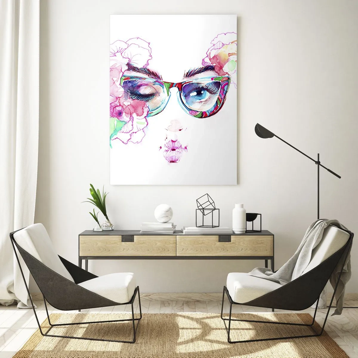 Impression sur verre - Image sur verre - Visage aquarelle avec des lunettes colorées et des fleurs - 70x100cm - Une promesse tentante - Décoration murale moderne pour le salon et la chambre ARTTOR