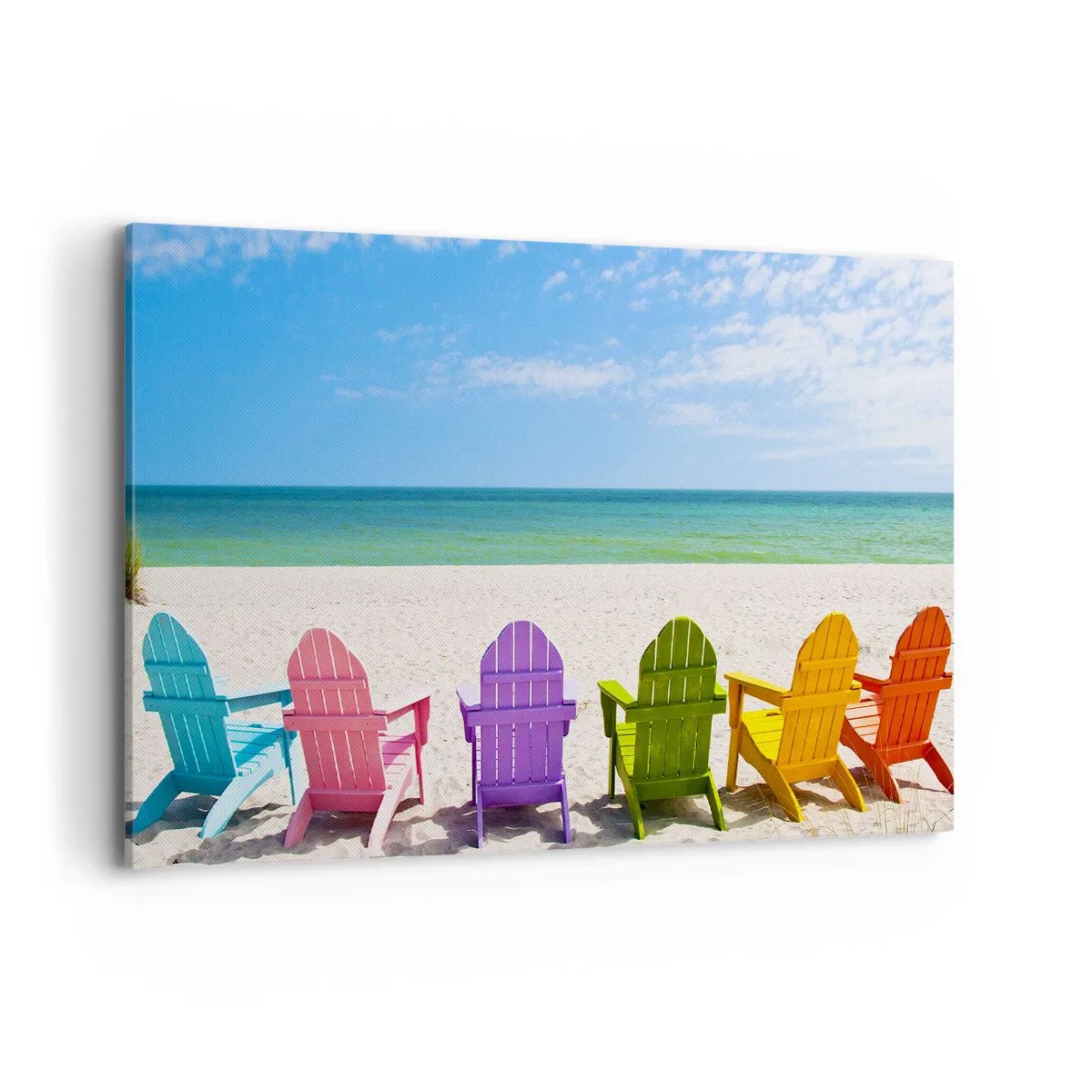 Impression sur toile - Image sur toile - Chaises longues colorées sur la plage avec vue sur la mer - 120x80cm - Plage arc-en-ciel - Décoration murale moderne pour le salon et la chambre ARTTOR