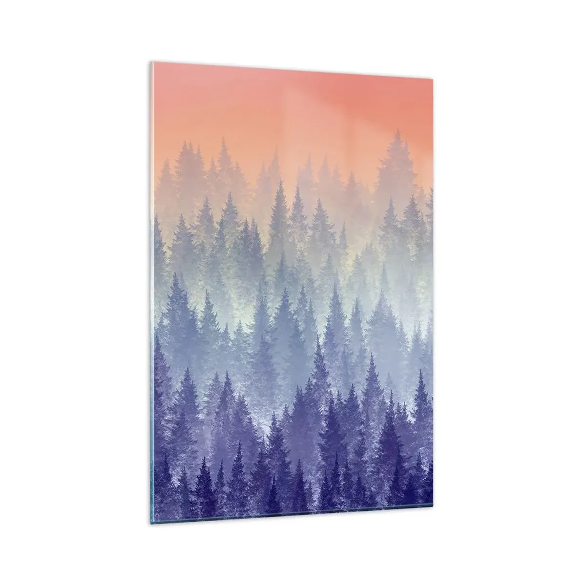Impression sur verre - Image sur verre - Une forêt brumeuse aux tons violets et orange - 80x120cm - Haut, plus haut, vers le ciel - Décoration murale moderne pour le salon et la chambre ARTTOR