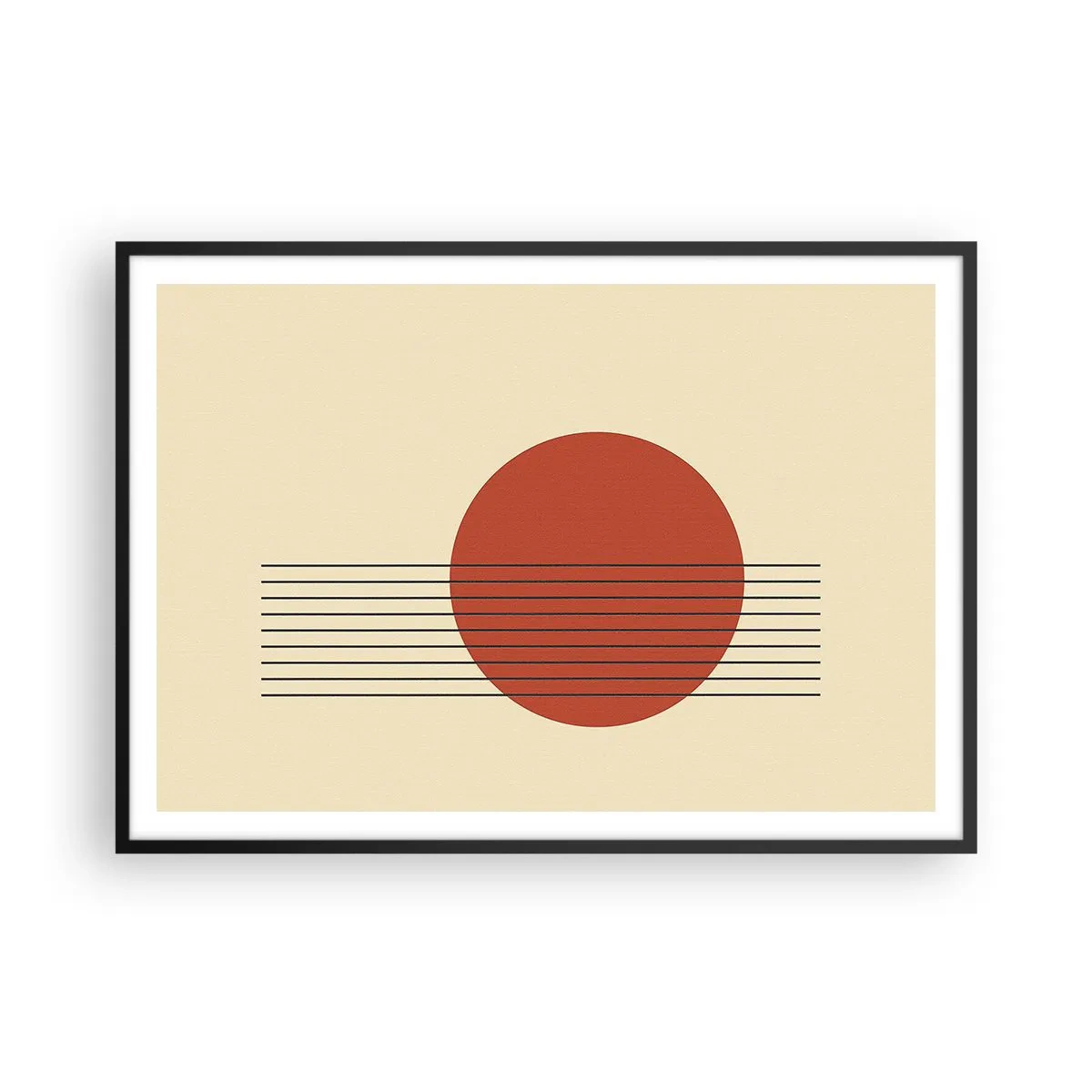 Affiche dans un cadre noir - Poster - Cercle rouge abstrait avec des lignes sur fond beige. - 100x70cm - Aux alentours et plus loin - Décoration murale moderne pour le salon et la chambre ARTTOR