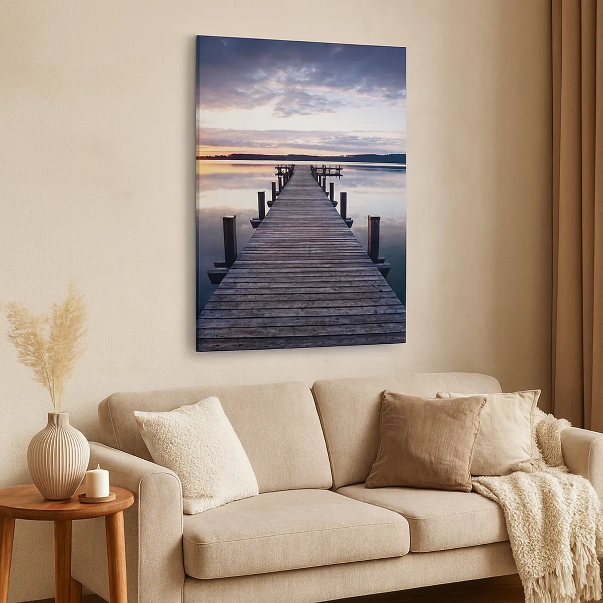 Impression sur toile - Image sur toile - Une jetée sur un lac au coucher du soleil dans un paysage paisible - 50x70cm - Une frontière tranquille entre le jour et la nuit - Décoration murale moderne pour le salon et la chambre ARTTOR
