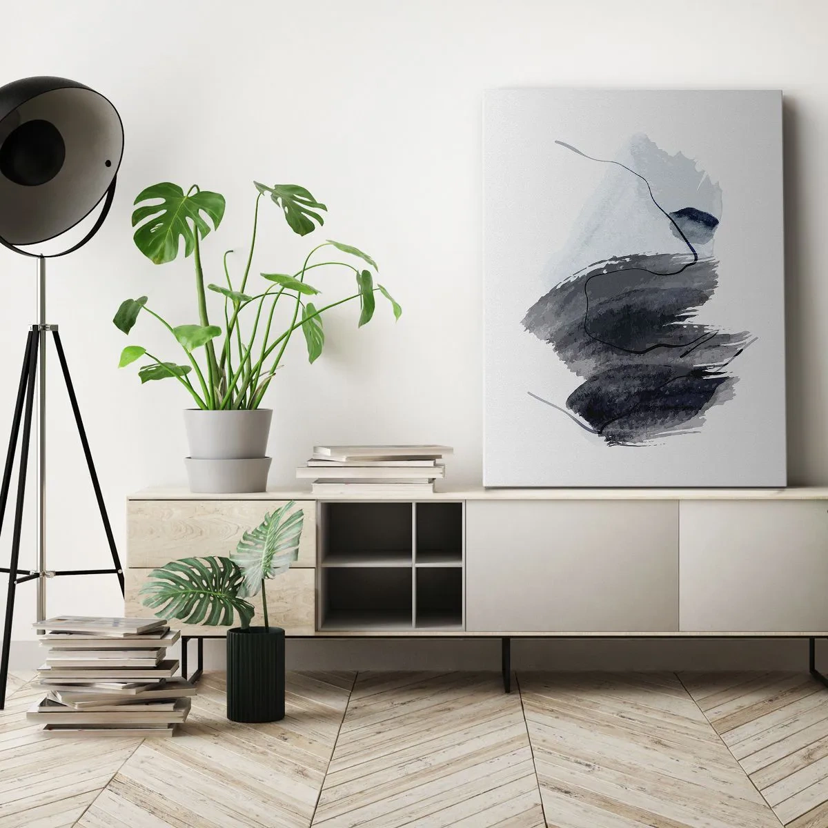 Impression sur toile - Image sur toile - Composition abstraite dans les tons de gris et de bleu - 70x100cm - Intensité et mouvement - Décoration murale moderne pour le salon et la chambre ARTTOR