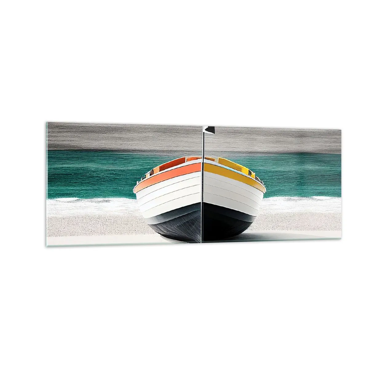 Impression sur verre - Image sur verre - Un bateau sur la plage avec une mer turquoise en arrière-plan - 140x50cm - A sa place - Décoration murale moderne pour le salon et la chambre ARTTOR