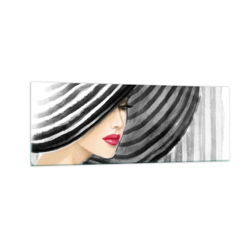 Impression sur verre - Image sur verre - Femme portant un chapeau noir et blanc avec une touche rouge - 140x50cm - Où te chercher ? - Décoration murale moderne pour le salon et la chambre ARTTOR