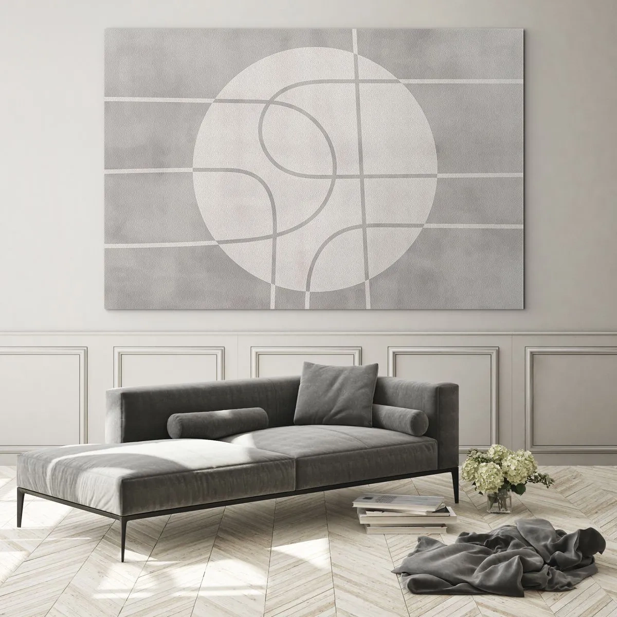 Impression sur verre - Image sur verre - Lignes et cercles beiges créant une composition géométrique - 100x70cm - Circulaire et tout droit - Décoration murale moderne pour le salon et la chambre ARTTOR