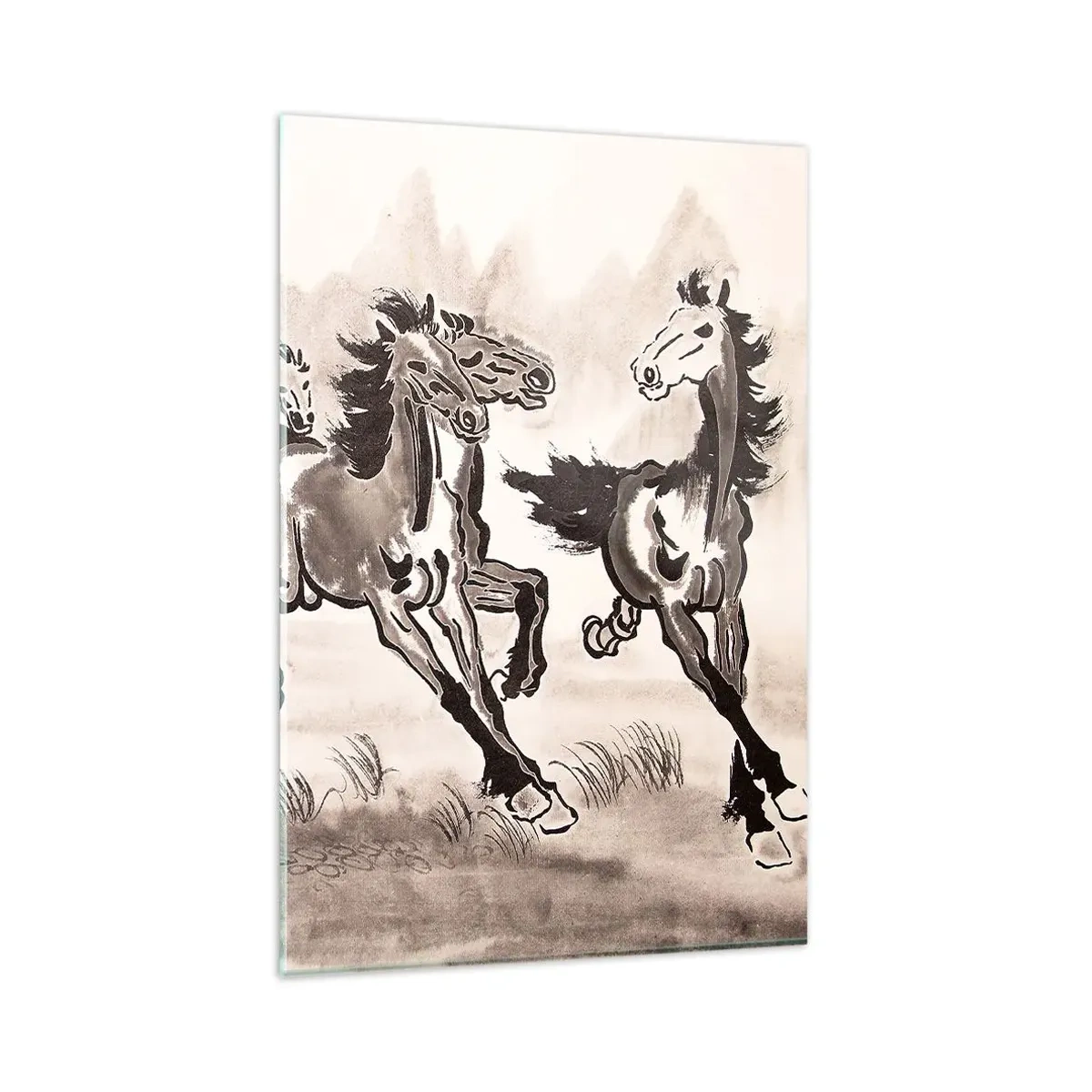 Impression sur verre - Image sur verre - Graphiques dynamiques de chevaux au galop dans un style oriental - 80x120cm - Dans un joyeux galop - Décoration murale moderne pour le salon et la chambre ARTTOR