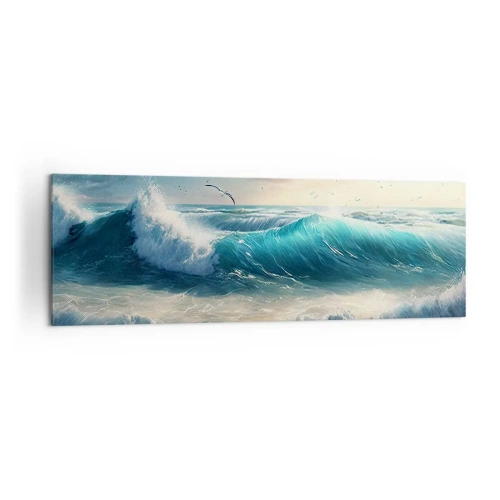 Impression sur toile - Image sur toile - Vagues de la mer sur la plage sous un ciel bleu avec des mouettes - 160x50cm - Ça bourdonne seulement pour toi - Décoration murale moderne pour le salon et la chambre ARTTOR