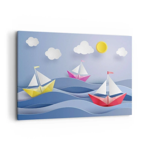 Impression sur toile - Image sur toile - Voiliers colorés sur les vagues par une journée ensoleillée - 100x70cm - Ah qu'il est agréable de se balancer dans les vagues - Décoration murale moderne pour le salon et la chambre ARTTOR