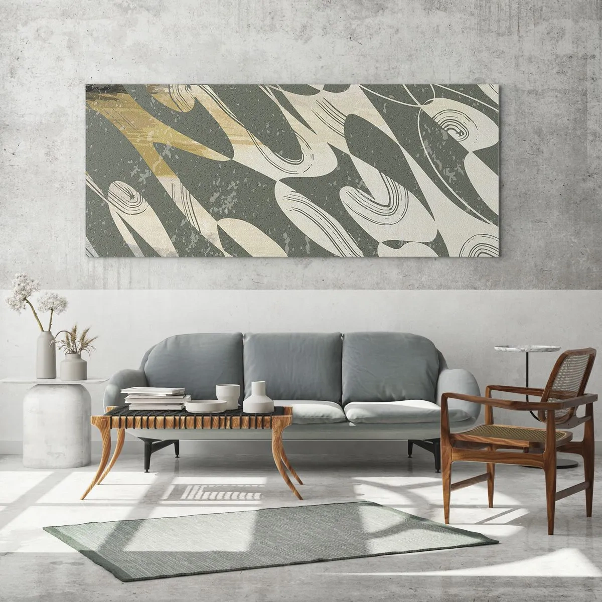 Impression sur verre - Image sur verre - Formes dynamiques dans des tons de vert et d'or - 140x50cm - Abstraction rythmique - Décoration murale moderne pour le salon et la chambre ARTTOR