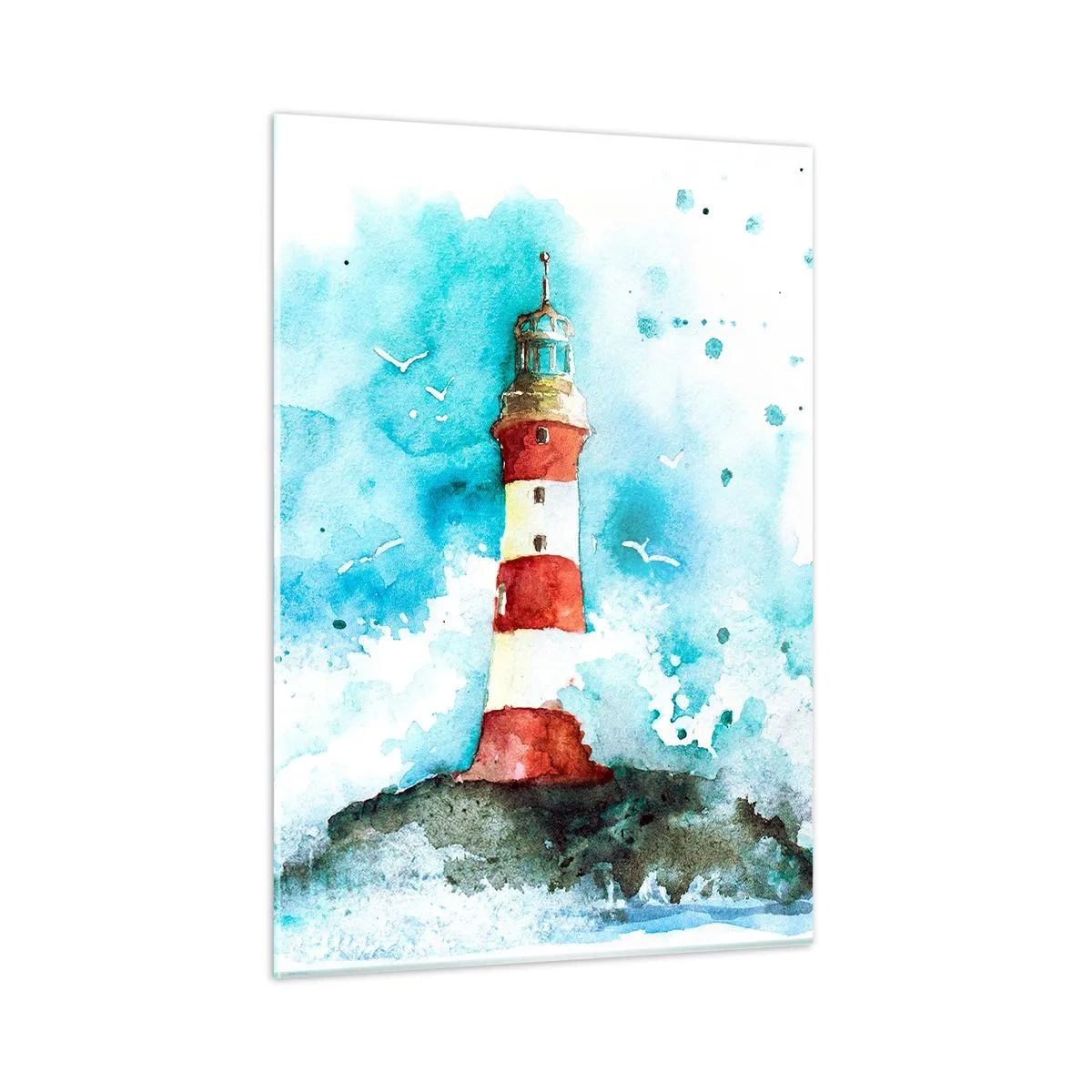 Impression sur verre - Image sur verre - Un phare entouré de vagues de la mer dans un style aquarelle - 50x70cm - Unité des éléments - Décoration murale moderne pour le salon et la chambre ARTTOR