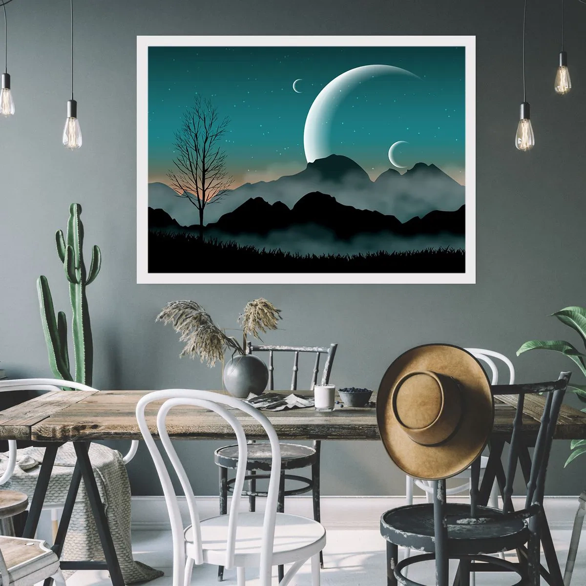 Affiche - Poster - Montagnes brumeuses avec la lune et un arbre solitaire - 100x70cm - Carnaval de la nuit étoilée - Décoration murale moderne pour le salon et la chambre ARTTOR