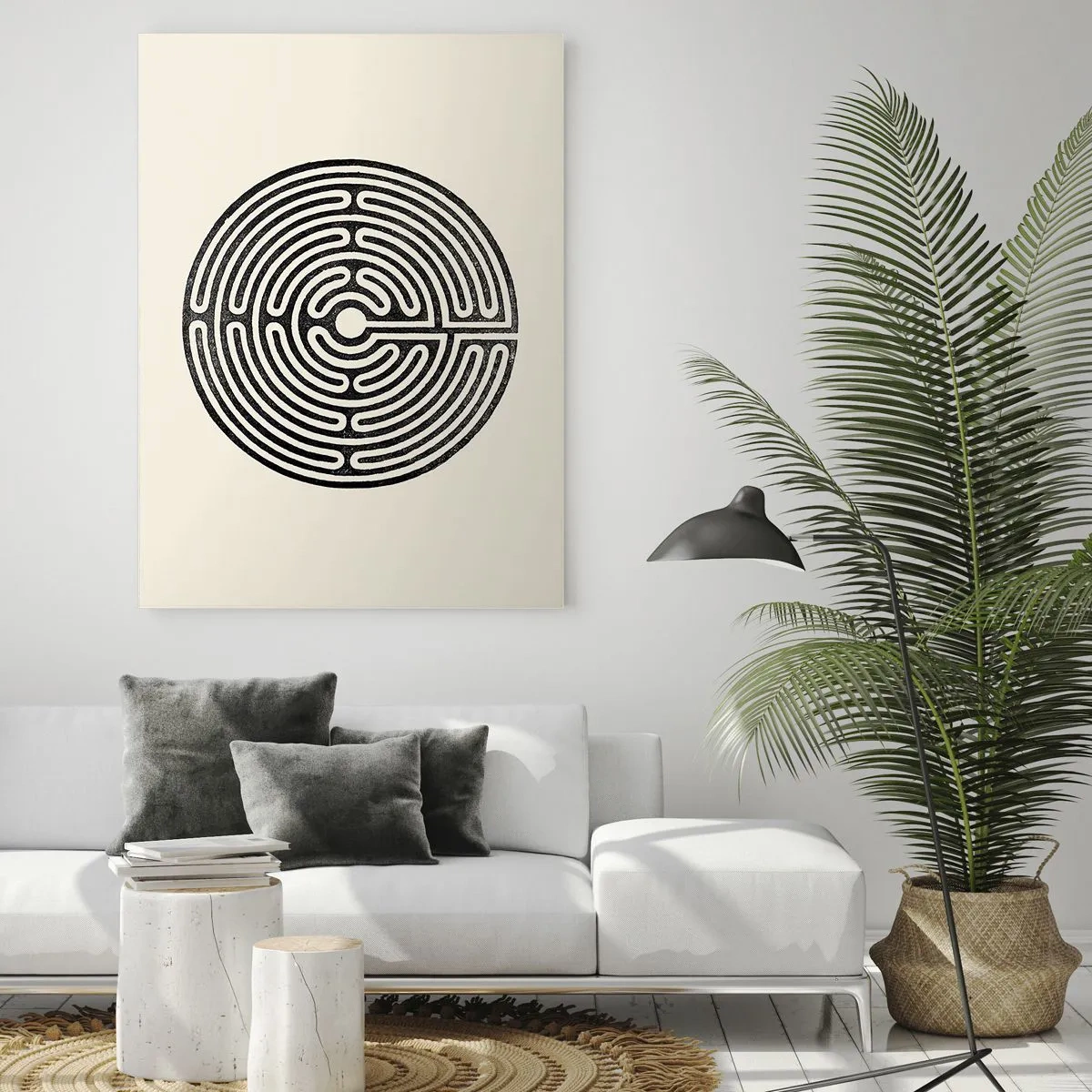 Impression sur verre - Image sur verre - Labyrinthe circulaire noir et blanc sur fond clair - 80x120cm - Ordre mystérieux - Décoration murale moderne pour le salon et la chambre ARTTOR