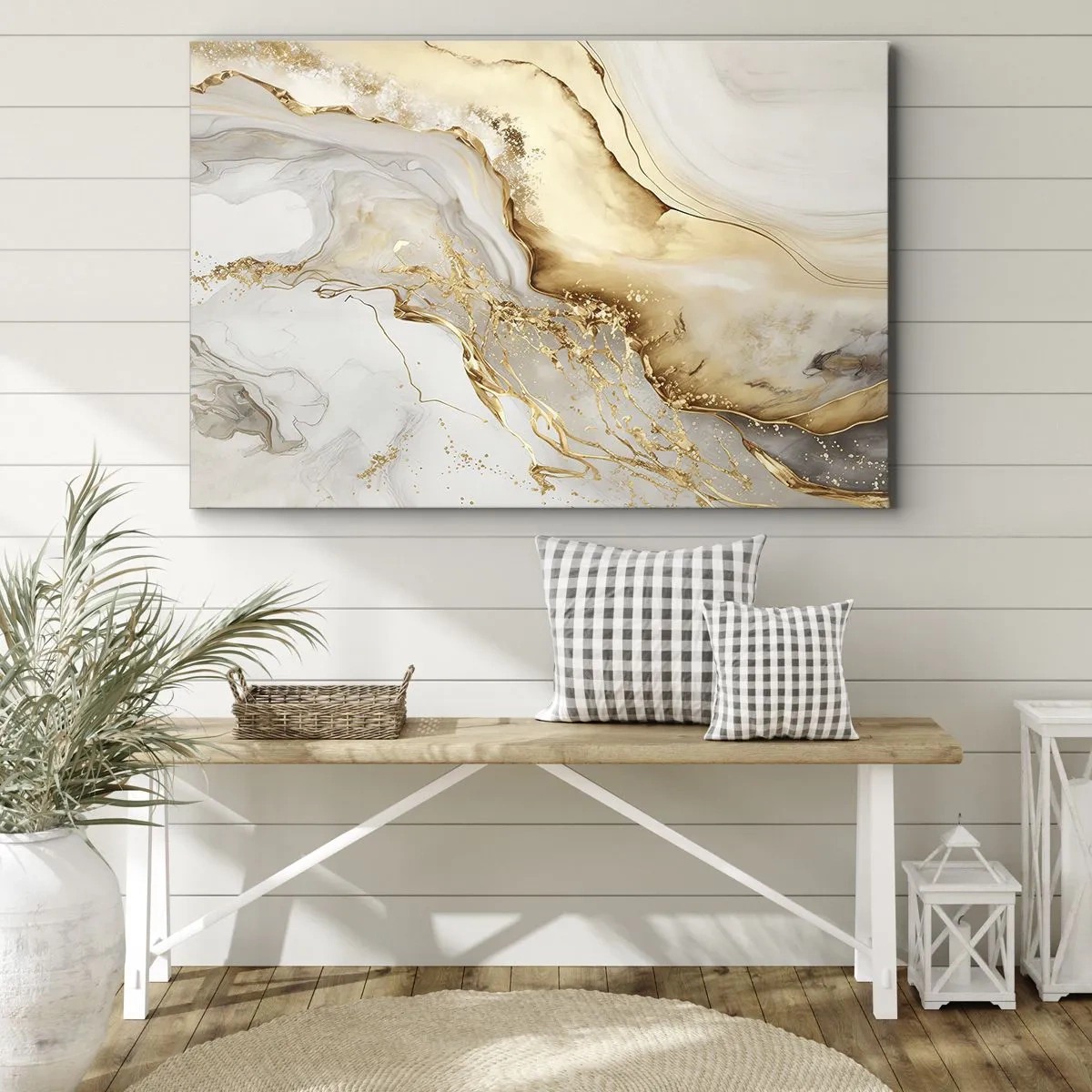 Impression sur toile - Image sur toile - Motifs abstraits dorés et marbrés sur fond clair - 100x70cm - Abstraction : beauté et bonté - Décoration murale moderne pour le salon et la chambre ARTTOR