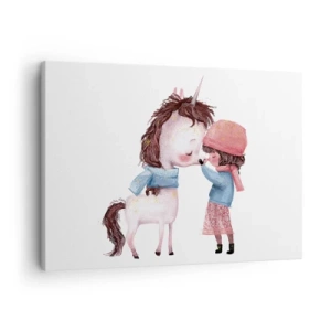 Impression sur toile - Image sur toile - Une fille et une licorne dans un paysage hivernal - 70x50cm - Histoire d'hiver - Décoration murale moderne pour le salon et la chambre ARTTOR