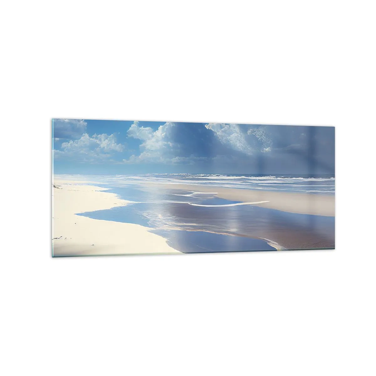 Impression sur verre - Image sur verre - Une plage de sable avec des vagues sous un ciel bleu - 120x50cm - Des vacances paradisiaques - Décoration murale moderne pour le salon et la chambre ARTTOR