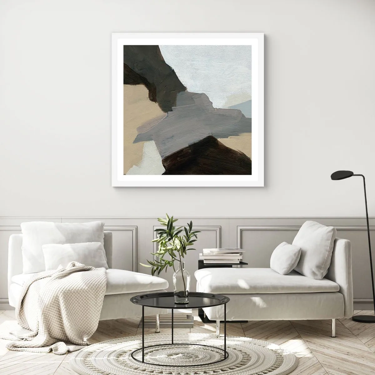 Affiche dans un cadre blanc - Poster - Abstraction : le carrefour du gris - 40x40 cm
