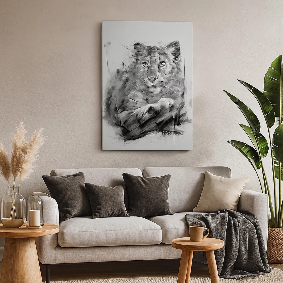 Impression sur toile - Image sur toile - Portrait noir et blanc d'un lion dans un style artistique avec des traits dynamiques. - 50x70cm - Oui, j'écoute attentivement - Décoration murale moderne pour le salon et la chambre ARTTOR
