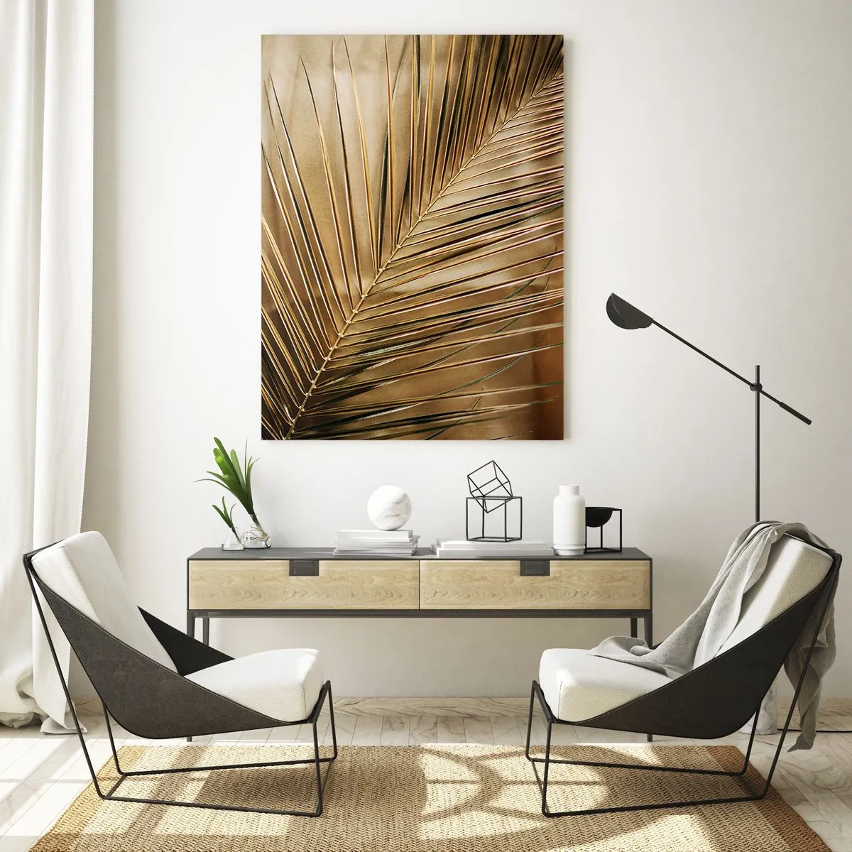Impression sur verre - Image sur verre - Gros plan d'une feuille de palmier aux tons brun doré - 50x70cm - Colonnade naturelle - Décoration murale moderne pour le salon et la chambre ARTTOR