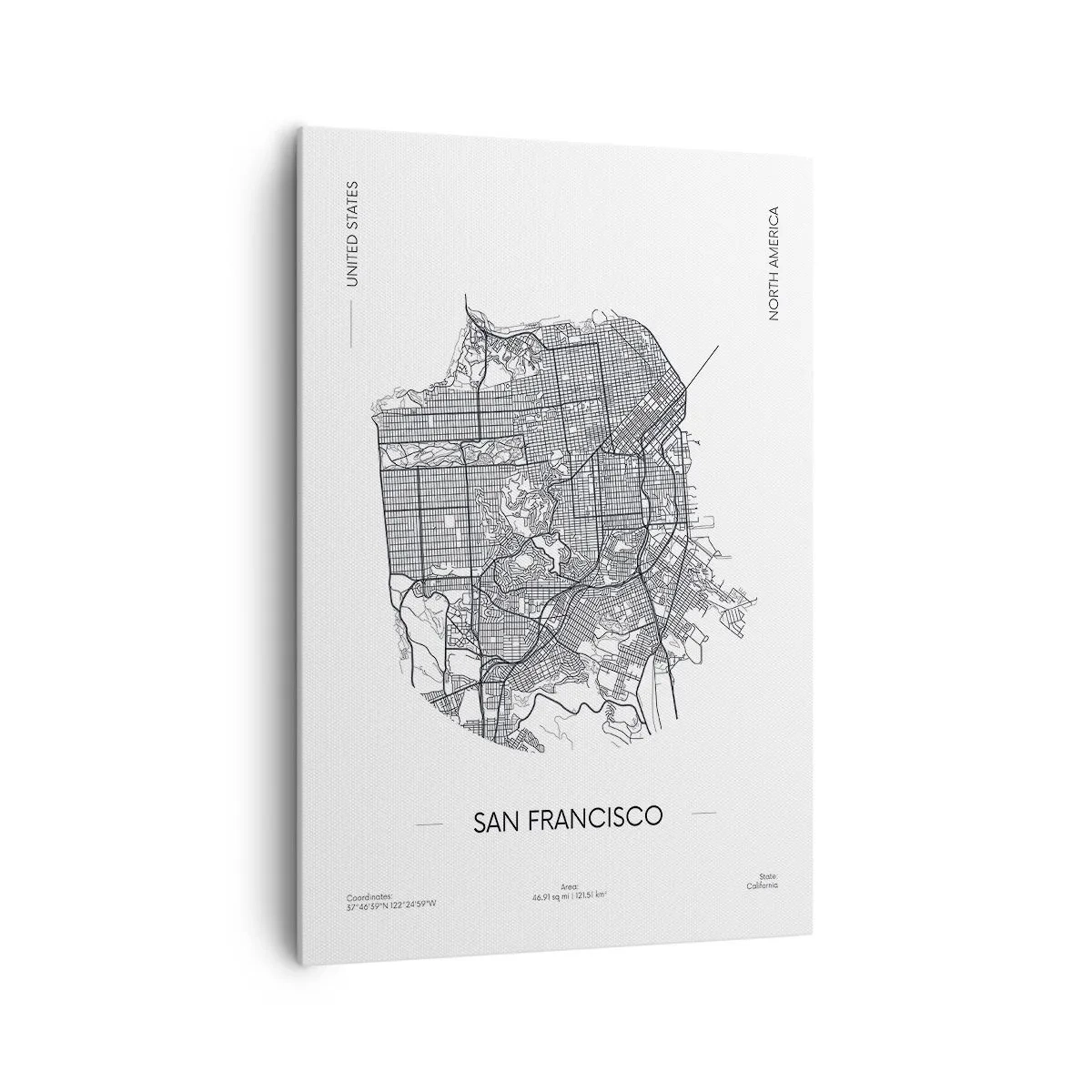 Impression sur toile - Image sur toile - Une carte de San Francisco dans un style minimaliste en noir et blanc. - 70x100cm - Anatomie de San Fransisco - Décoration murale moderne pour le salon et la chambre ARTTOR