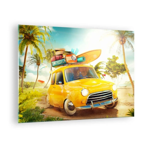 Impression sur verre - Image sur verre - Une voiture jaune avec des bagages sur le toit sur une plage tropicale. - 70x50cm - Un voyage pour plus d'un sourire - Décoration murale moderne pour le salon et la chambre ARTTOR