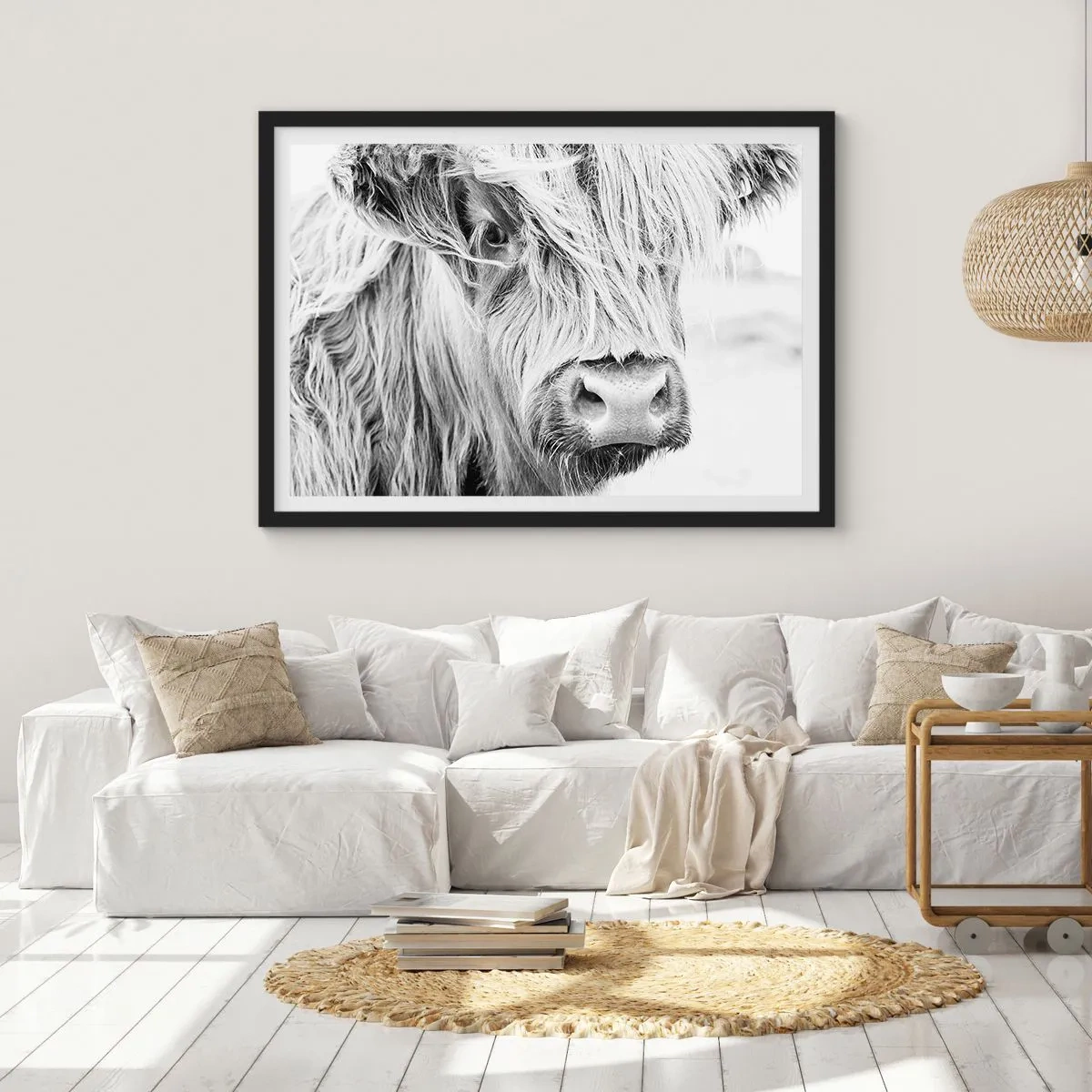 Affiche dans un cadre noir - Poster - Portrait d'une vache écossaise en noir et blanc - 70x50cm - Sauvagerie écossaise - Décoration murale moderne pour le salon et la chambre ARTTOR
