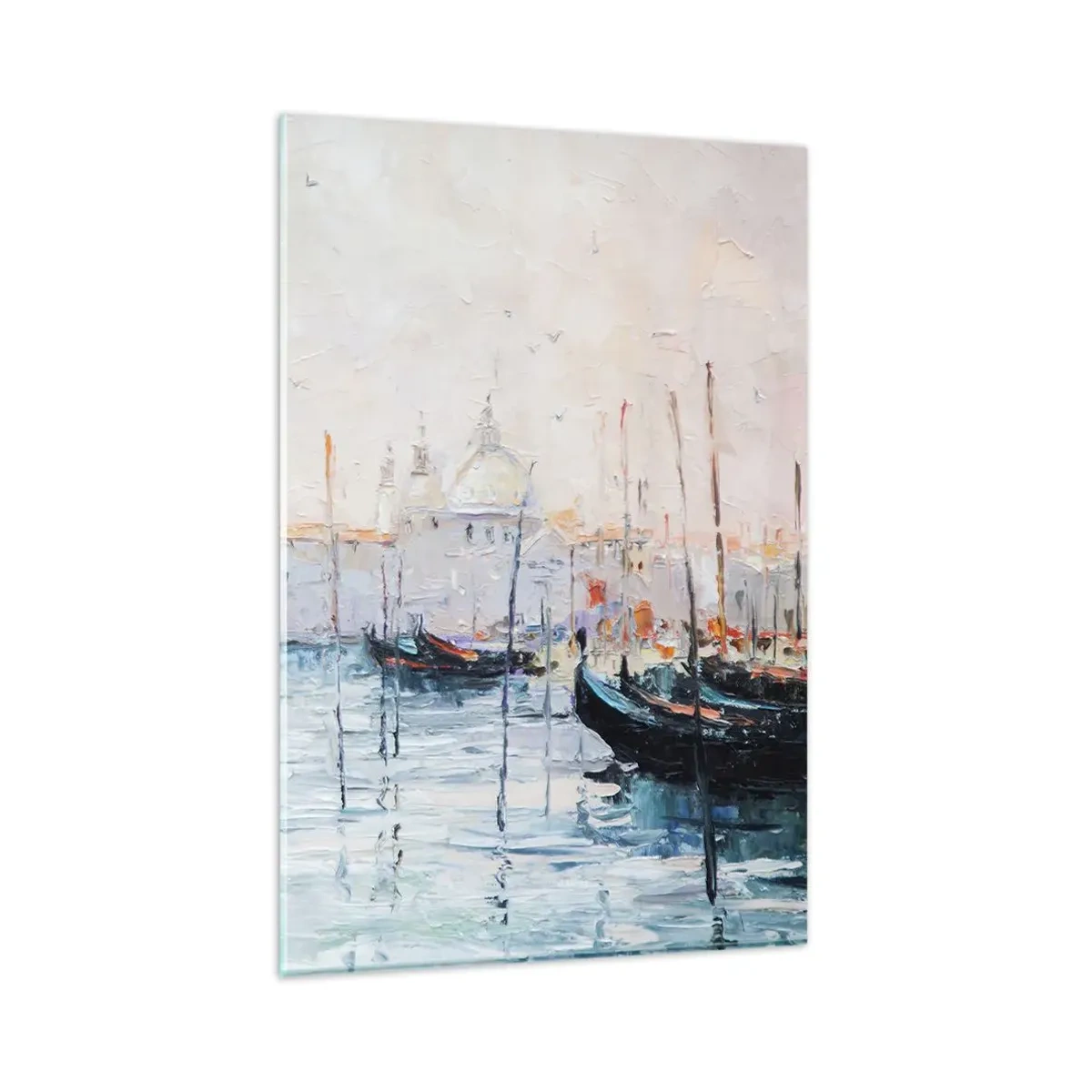 Impression sur verre - Image sur verre - Vue pittoresque des canaux avec des bateaux aux couleurs pastel - 80x120cm - Derrière l'eau, derrière le brouillard - Décoration murale moderne pour le salon et la chambre ARTTOR