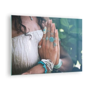 Impression sur verre - Image sur verre - Mains de femme portant des bijoux bohèmes - 70x50cm - Bienvenue au centre du bien-être - Décoration murale moderne pour le salon et la chambre ARTTOR