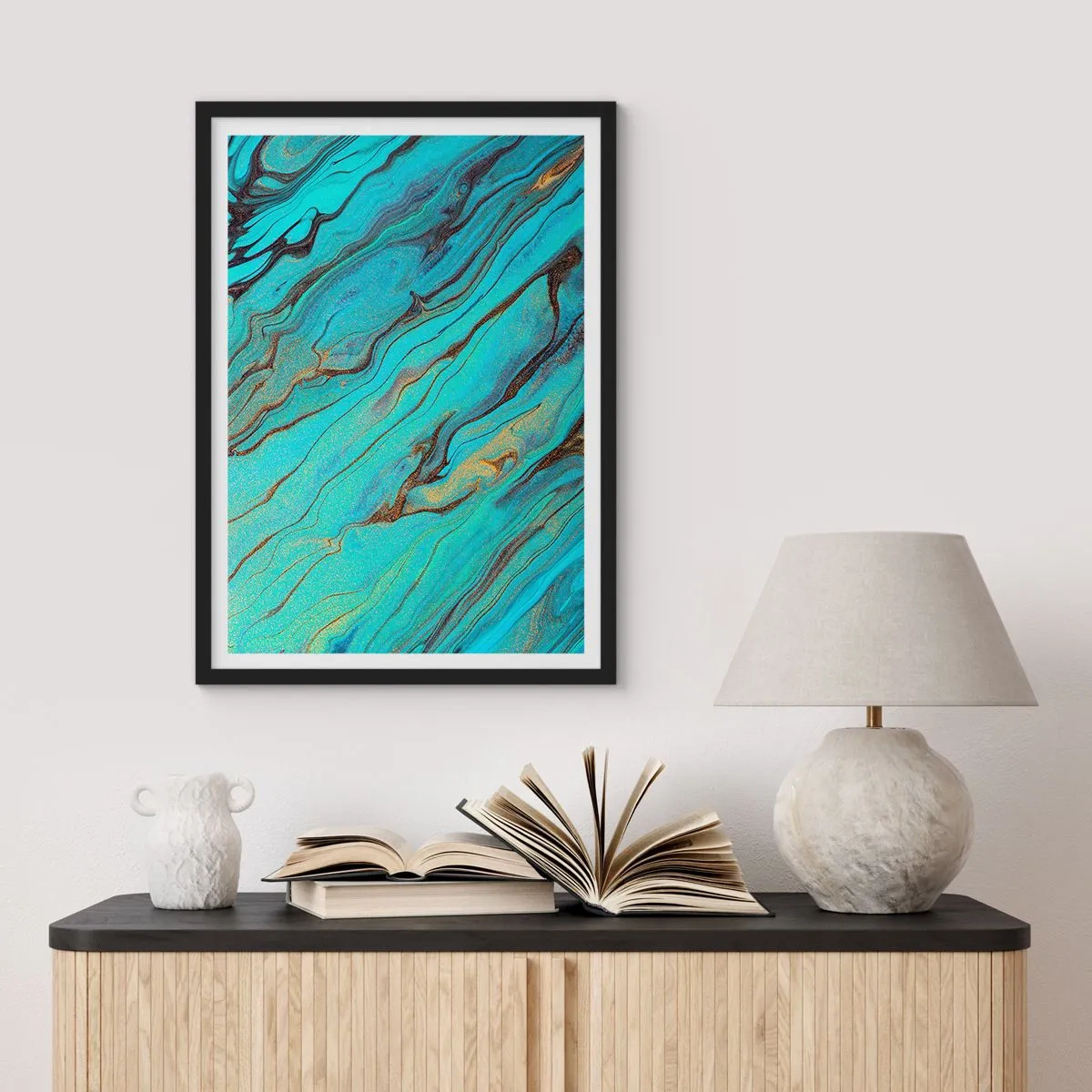 Affiche dans un cadre noir - Poster - Motifs abstraits dans les tons turquoise et or - 50x70cm - Marée turquoise - Décoration murale moderne pour le salon et la chambre ARTTOR