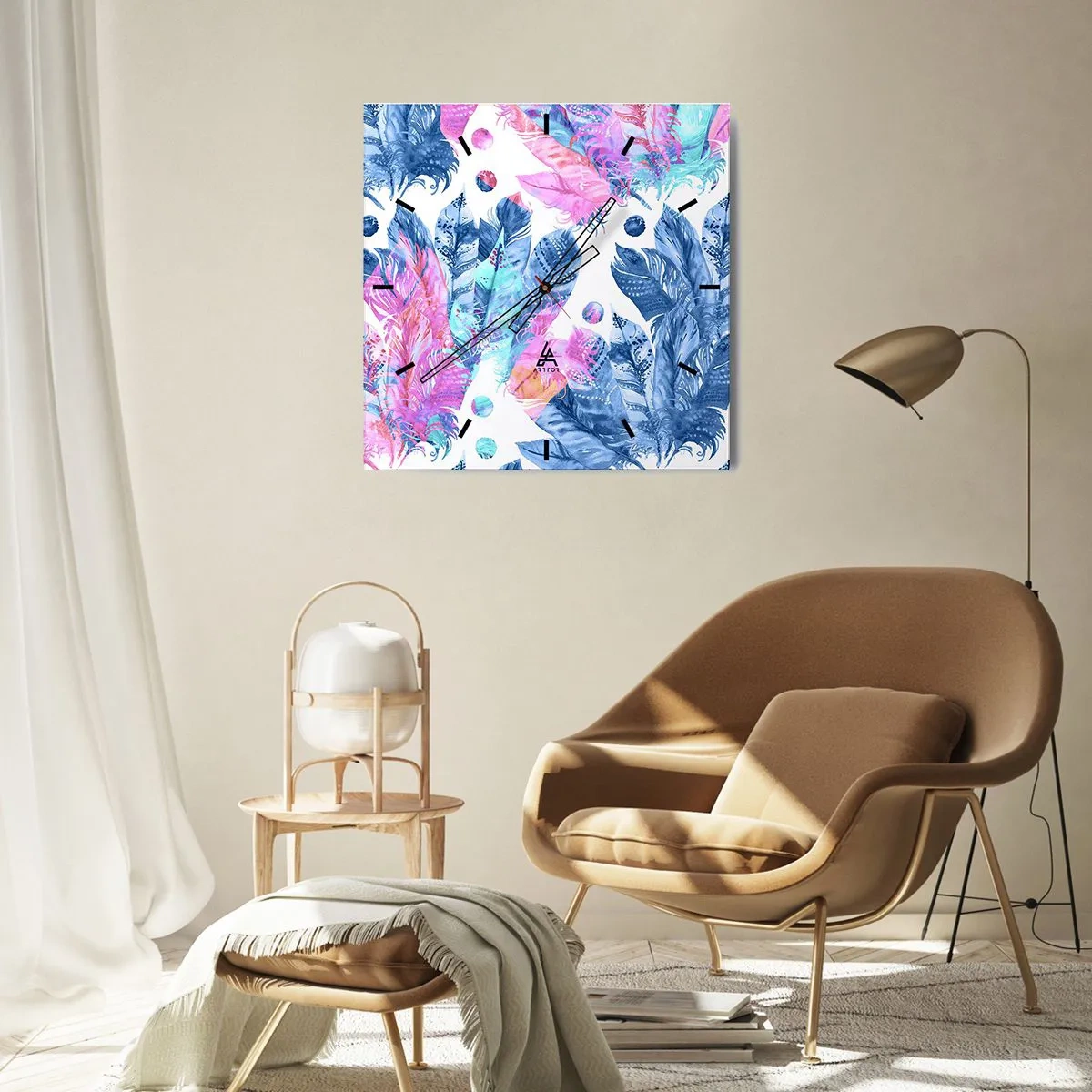 Horloge murale - Pendule murale - Plumes en rose et bleu - 40x40 cm