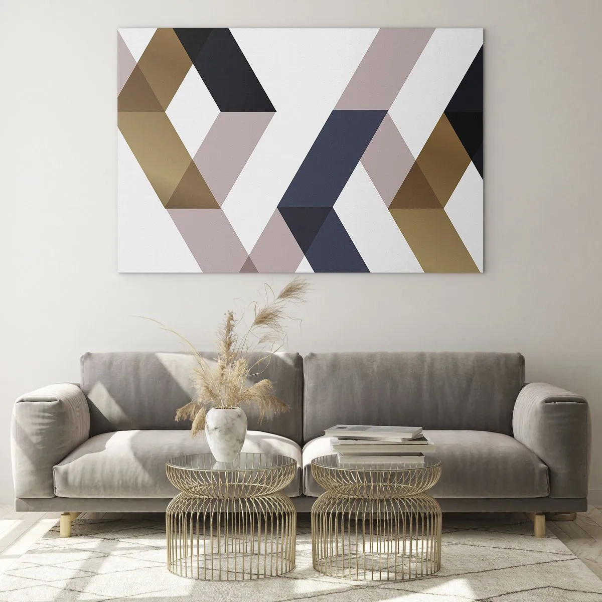 Impression sur verre - Image sur verre - Motif géométrique dans les tons or et beige - 70x50cm - Plats et angles - Décoration murale moderne pour le salon et la chambre ARTTOR