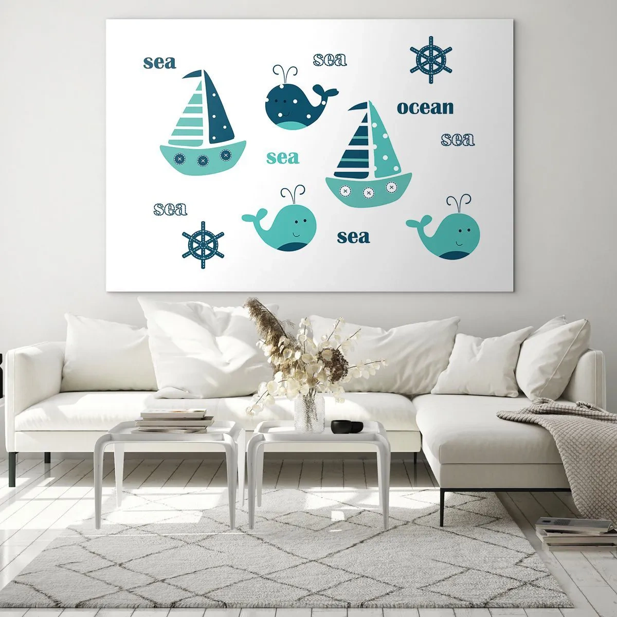 Impression sur verre - Image sur verre - Thème nautique avec voiliers et baleines - 120x80cm - À travers les mers et les océans - Décoration murale moderne pour le salon et la chambre ARTTOR