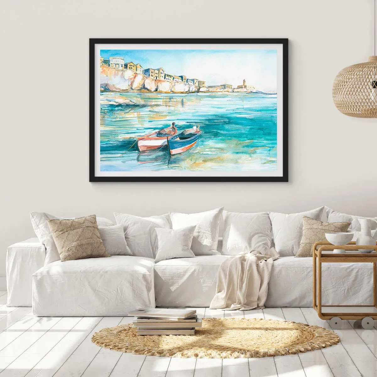 Affiche dans un cadre noir - Poster - Un paysage balnéaire pittoresque avec des bateaux sur l'eau - 70x50cm - Paysage dans l'azur - Décoration murale moderne pour le salon et la chambre ARTTOR
