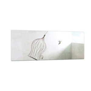 Impression sur verre - Image sur verre - Un oiseau libéré d'une cage sur fond de ciel lumineux - 140x50cm - Dans son élément - Décoration murale moderne pour le salon et la chambre ARTTOR