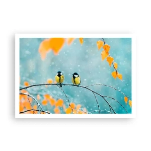 Affiche - Poster - Deux oiseaux sur une branche dans un décor hivernal avec des feuilles jaunes. - 100x70cm - Potins d'oiseaux - Décoration murale moderne pour le salon et la chambre ARTTOR