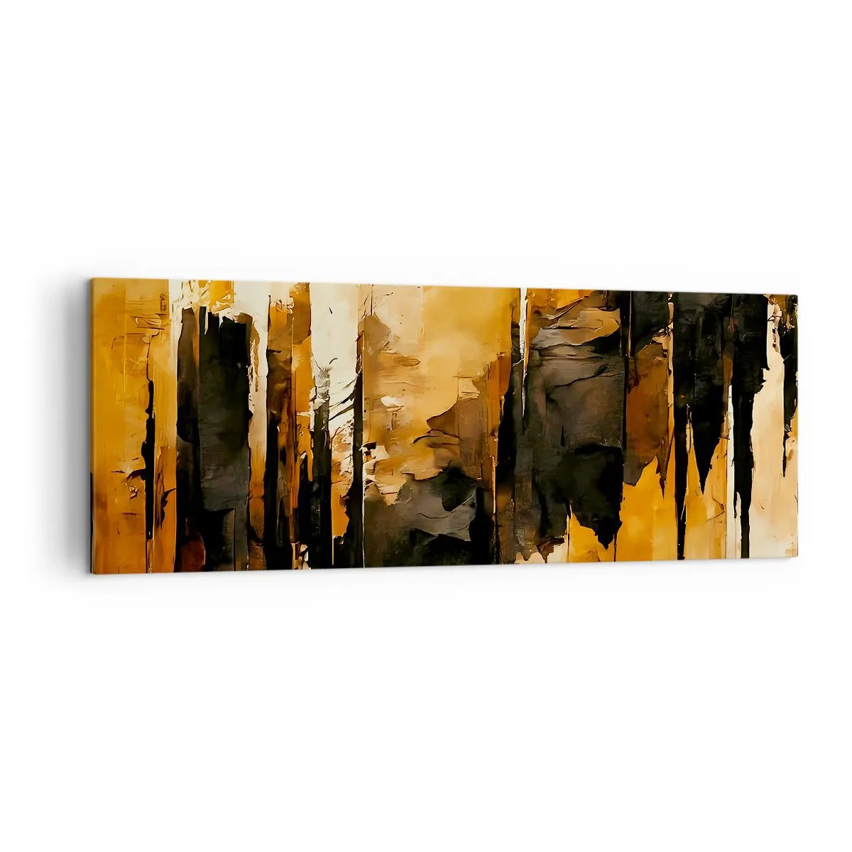 Impression sur toile - Image sur toile - Rayures abstraites dorées et noires dans une composition artistique - 140x50cm - Harmonie de noir et d'or - Décoration murale moderne pour le salon et la chambre ARTTOR