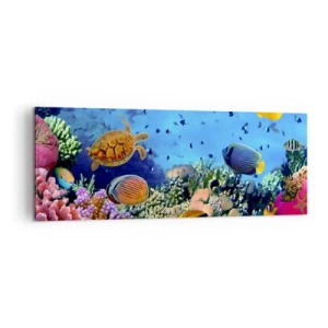 Impression sur toile - Image sur toile - Récif corallien avec des poissons colorés et une tortue de mer - 140x50cm - Et que sait-on de la vie… - Décoration murale moderne pour le salon et la chambre ARTTOR