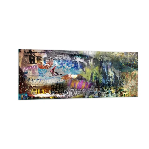 Impression sur verre - Image sur verre - Collage abstrait avec texte et couleurs variées - 140x50cm - Collage de souvenirs - Décoration murale moderne pour le salon et la chambre ARTTOR