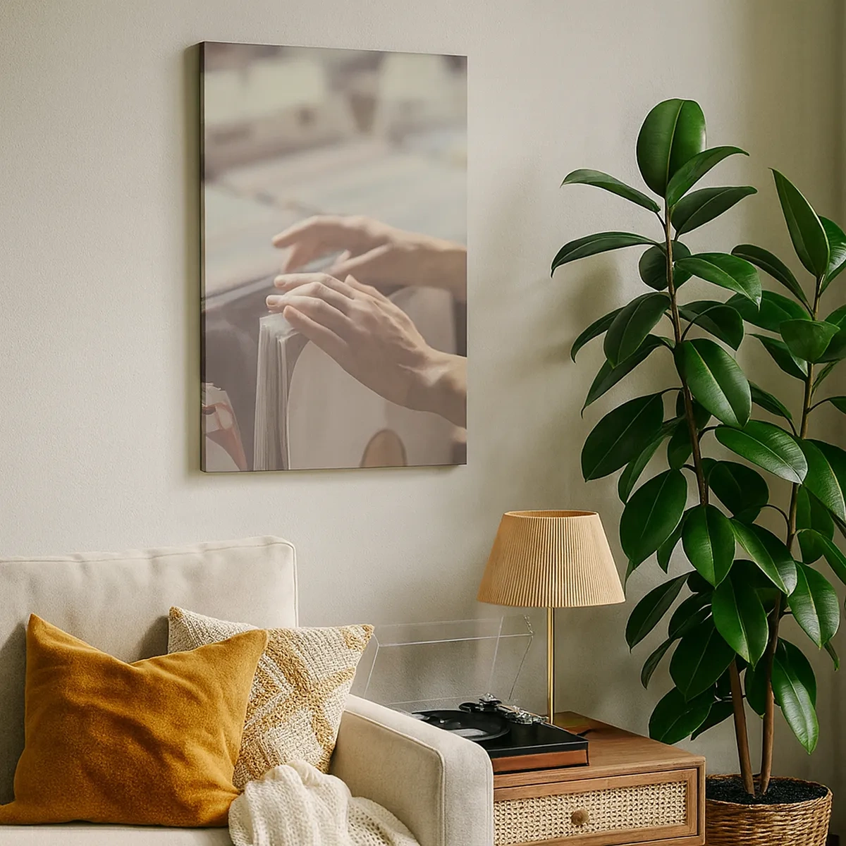 Impression sur toile - Image sur toile - Mains regardant à travers une collection de vinyles - 50x70cm - A la recherche d'émotions - Décoration murale moderne pour le salon et la chambre ARTTOR