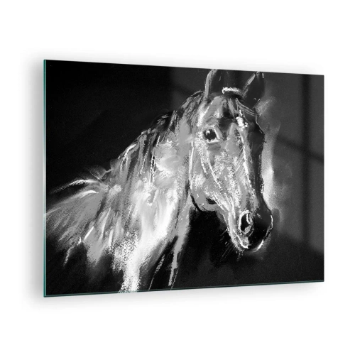 Impression sur verre - Image sur verre - Portrait d'un cheval dans les tons de noir et blanc sur fond sombre - 70x50cm - L'éclat d'une âme noble - Décoration murale moderne pour le salon et la chambre ARTTOR